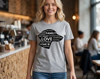 Dachshund Silhouette Word Cloud T-Shirt | Dog Family Love Paw Prints