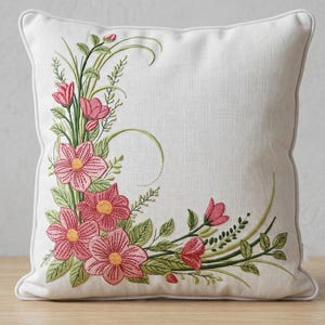 Diseño de bordado floral rosa en esquina / Archivo de bordado a máquina con elegante borde floral / Motivo botánico para ropa de cama y decoración / Descarga instantánea