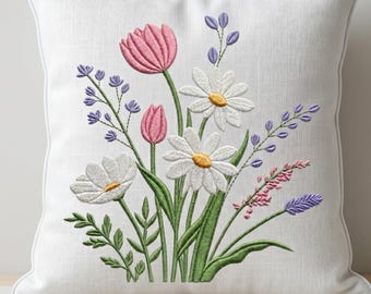 Spring Wildflower Bouquet Machine Embroidery Design | Tulips, Daisies ...