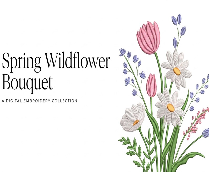 Spring Wildflower Bouquet Machine Embroidery Design | Tulips, Daisies ...