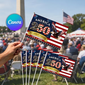 May include: A set of small handheld flags featuring a patriotic design with the text AMERICA 250, 250 YEARS OF FREEDOM, and 1776-2026. The graphic includes a bald eagle, fireworks, and the American flag pattern in red, white, and blue colors.
