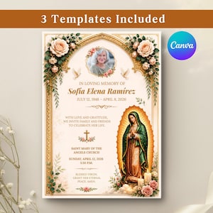 Puede incluir: Una plantilla de programa funerario con el retrato de una mujer, una ilustración de la Virgen de Guadalupe y detalles florales. El texto dice In Loving Memory of Sofia Elena Ramirez, 12 de julio de 1948 - 8 de abril de 2026, con detalles.
