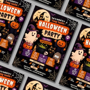 May include: A Halloween party invitation flyer featuring a ghost in a purple hat, a pumpkin-headed figure, a black cat, and a cauldron. The text reads Halloween Party, Eat, drink and be scary, Oct 26 2024, 7:00 PM to 11:00 PM, and Spooky Hill.