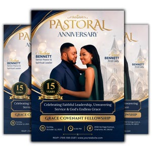 Op de afbeelding: Een flyer voor een pastoraal jubileum met een man en vrouw, de tekst PASTORAL ANNIVERSARY, 15 YEARS OF FAITHFULNESS, Nathan Bennett Senior Pastor & Spiritual Leader, Grace Bennett First Lady, en Grace Covenant Fellowship, zondag 12 oktober 2025.