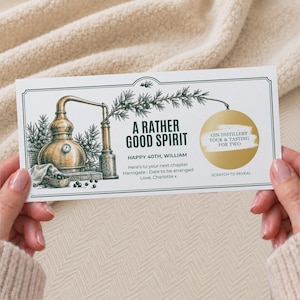 May include: A rectangular gift voucher featuring a gold-coloured scratch-off circle, a detailed illustration of a copper gin still, and juniper branches. The text reads: A RATHER GOOD SPIRIT, HAPPY 40TH, WILLIAM, Here's to your next chapter, Harrogate, Date to be arranged, Love, Charlotte x, GIN DISTILLERY TOUR & TASTING FOR TWO, SCRATCH TO REVEAL.