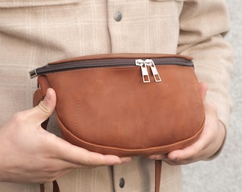 Groot leren heuptasje, minimalistische heuptas, handgemaakte crossbodytas, heuptasje met rits, alledaagse sling