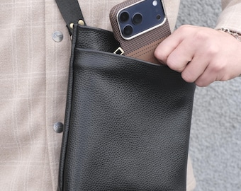 Personalized Compact Everyday Leather Crossbody Bag for Men, Minimalist Vertical Shoulder Bag, Front Pocket Shoulder Bag, Gift for Him