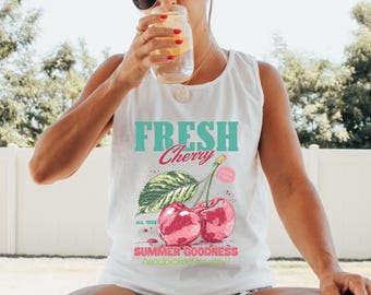 Comfort Colors Cherry Tank Top, Coquette Summer Graphic Tee, Vintage Style Fruit Shirt