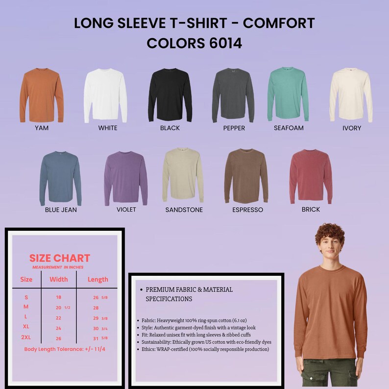 May include: A selection of long-sleeve t-shirts in colours such as yam, white, black, pepper, seafoam, and ivory. A size chart in inches and fabric specifications are also shown. The shirts are made of heavyweight cotton.