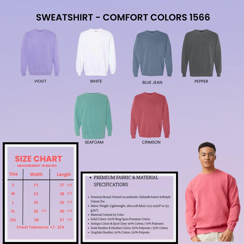 May include: Image of a range of sweatshirts in colours including violet, white, blue jean, pepper, seafoam, and crimson. A size chart in inches and fabric specifications are also displayed.