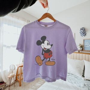 Pu&ograve; includere: Una maglietta lavanda con una grafica di Topolino. Il personaggio dei cartoni animati &egrave; raffigurato nella sua posa classica, con pantaloncini rossi, scarpe marroni e guanti bianchi. Il logo Disney &egrave; stampato sotto.