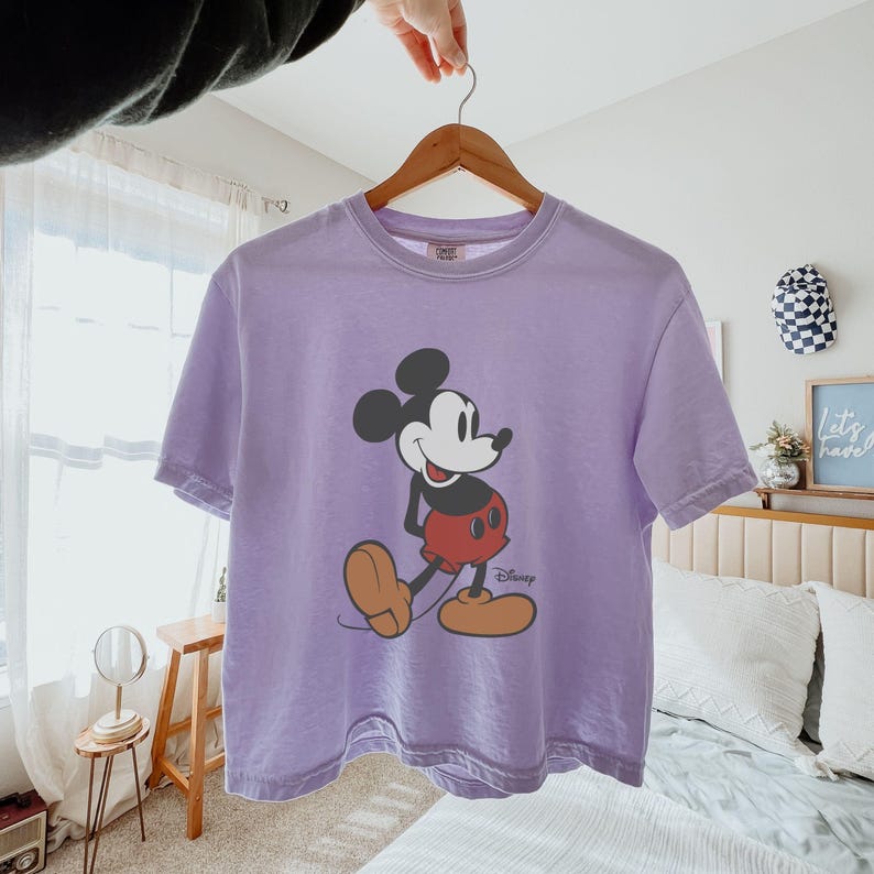 Pu&ograve; includere: Una maglietta lavanda con una grafica di Topolino. Il personaggio dei cartoni animati &egrave; raffigurato nella sua posa classica, con pantaloncini rossi, scarpe marroni e guanti bianchi. Il logo Disney &egrave; stampato sotto.