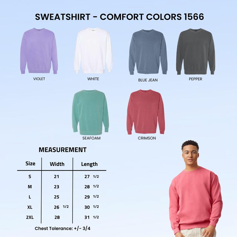 May include: A selection of crewneck sweatshirts in various colors, including violet, white, blue jean, pepper, seafoam, and crimson. The image also displays a size chart with measurements in inches and a person wearing a crimson sweatshirt.