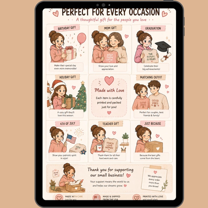 May include: A digital tablet displaying an infographic titled PERFECT FOR EVERY OCCASION. It features nine illustrated panels showing gift-giving scenarios, including birthdays, graduations, holidays, and teacher appreciation, with text captions and heart icons.