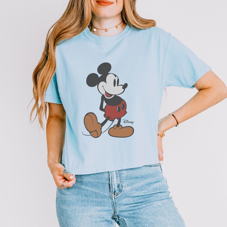 Pu&ograve; includere: T-shirt azzurra con grafica di Topolino. Il personaggio dei cartoni animati &egrave; raffigurato nella sua posa classica, con pantaloncini rossi e scarpe marroni. Il logo Disney &egrave; stampato sotto.