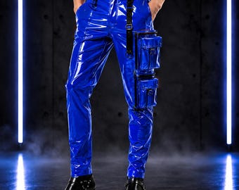 Royal Blue PVC Vinyl Cargo Pants for Men, Shiny Gothic Cyberpunk Pants, Rave Festival Trousers, Techwear Pocket Pants