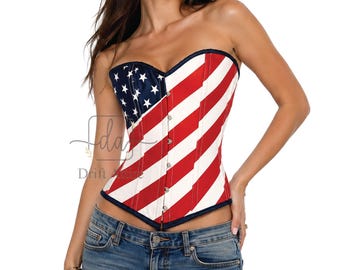 Haut corset drapeau américain, bustier patriotique des États-Unis, corset sans bretelles de l'an 2000, tenue 4 juillet, haut festival rave, corset de cow-girl western