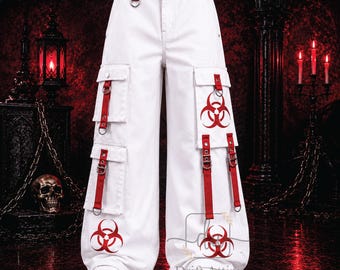 Witte gothic cargobroek met rode biohazard-print, alternatieve broek met wijde pijpen, Cyber Y2K Streetwear, unisex punk ravebroek