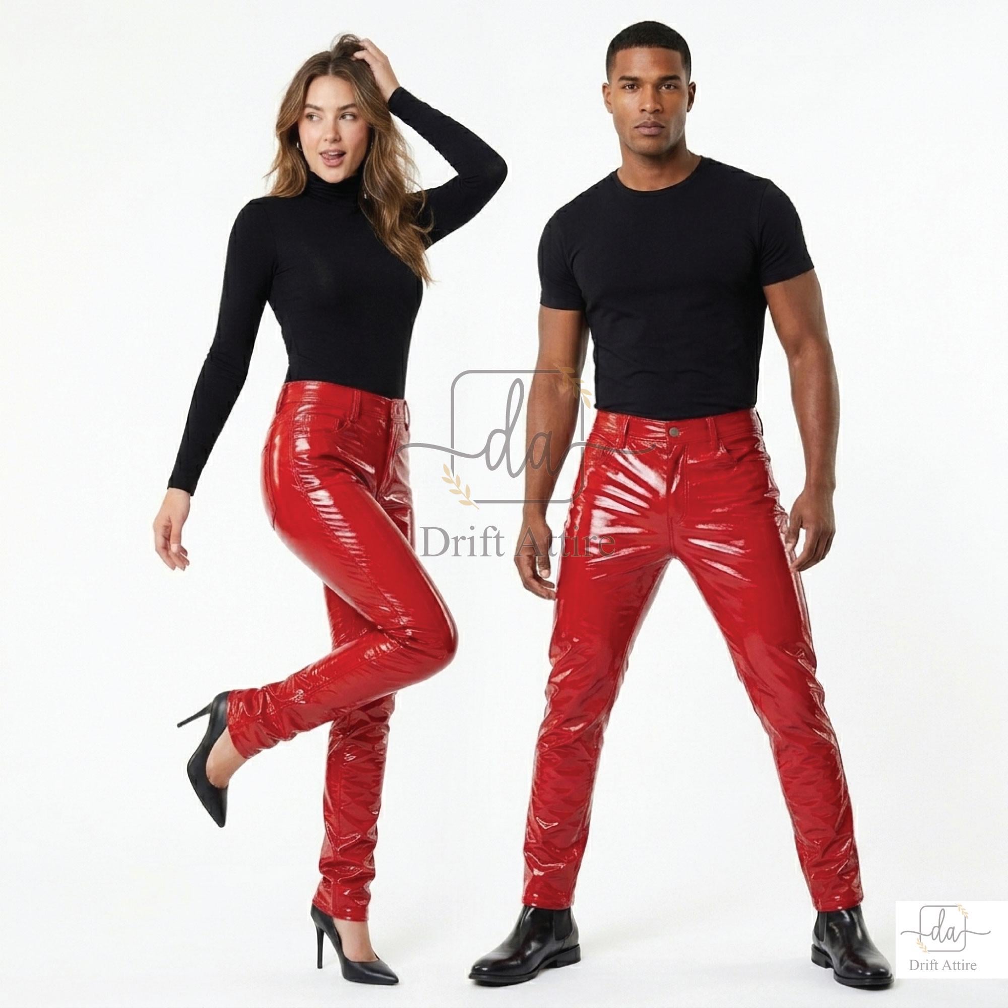 Red PVC Vinyl Pants High Waisted Shiny Patent Faux Leather Trousers Glossy Punk Gothic Clubwear Festival Outfit Red Latex Look Slim Leg