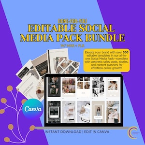 Peut inclure: Un ensemble de produits num&eacute;riques avec le texte "DONE-FOR-YOU EDITABLE SOCIAL MEDIA PACK BUNDLE" et "W/ MRR + PLR". L'image comprend un ordinateur portable affichant des mod&egrave;les de m&eacute;dias sociaux, des documents imprim&eacute;s et le logo Canva. Le texte dit "INSTANT DOWNLOAD | EDIT IN CANVA".