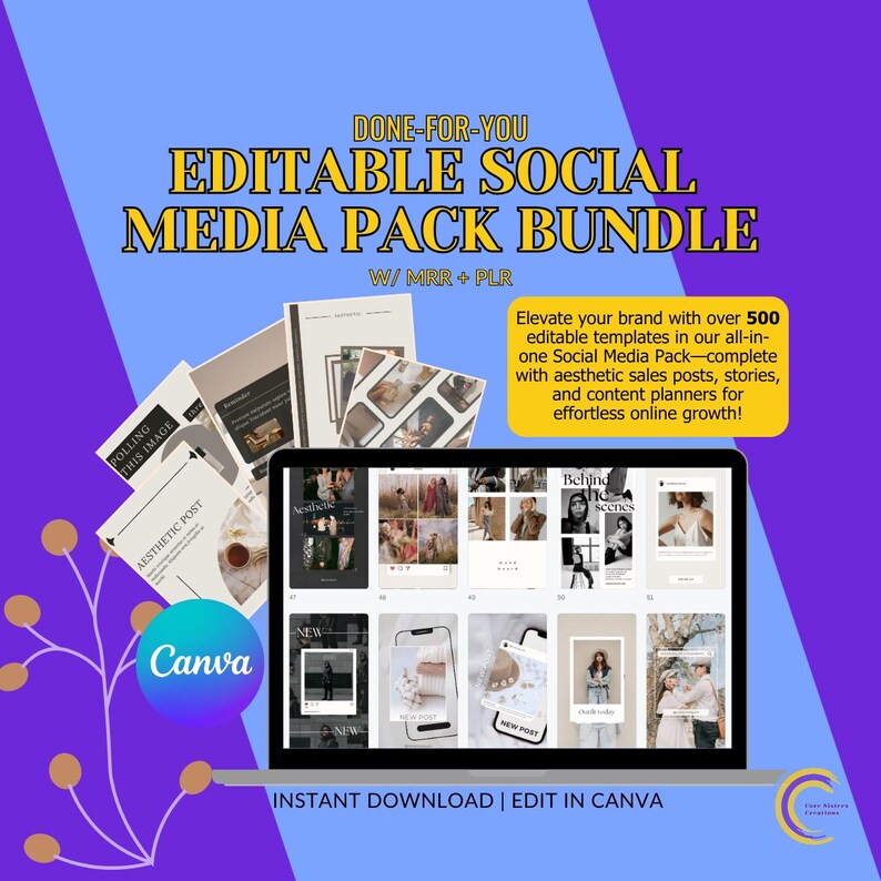 Peut inclure: Un ensemble de produits num&eacute;riques avec le texte "DONE-FOR-YOU EDITABLE SOCIAL MEDIA PACK BUNDLE" et "W/ MRR + PLR". L'image comprend un ordinateur portable affichant des mod&egrave;les de m&eacute;dias sociaux, des documents imprim&eacute;s et le logo Canva. Le texte dit "INSTANT DOWNLOAD | EDIT IN CANVA".