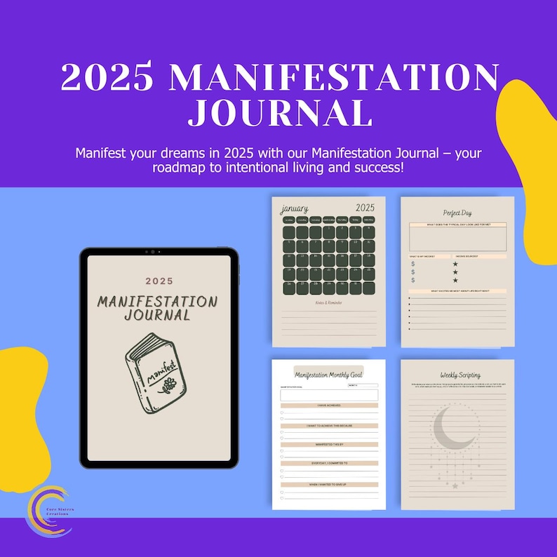 Op de afbeelding: Een 2025 Manifestatie Journal, bestaande uit een digitale tablet en meerdere pagina's, tegen een paarse en blauwe achtergrond. De tablet toont de omslag van het journal. De pagina's bevatten een kalender, doelstellingen en schrijfopdrachten.