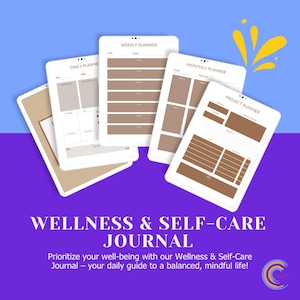 Op de afbeelding: Een wellness- en zelfzorgjournaal met dagelijkse, wekelijkse, maandelijkse en projectplannerpagina's weergegeven op tablets. De tablets zijn wit met bruine en beige accenten. De tekst "WELLNESS & SELF-CARE JOURNAL" wordt hieronder weergegeven.