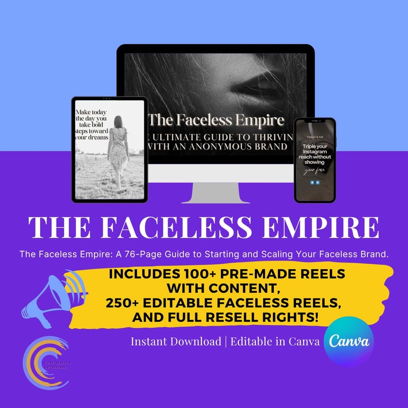 Puede incluir: Gu&iacute;a de marketing digital titulada "The Faceless Empire" que se muestra en una computadora, tableta y tel&eacute;fono. La gu&iacute;a incluye carretes prefabricados, carretes editables y derechos de reventa. El fondo es morado y azul.