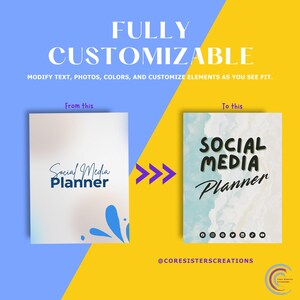 K&ouml;nnte beinhalten: Eine Grafik, die eine Vorher-Nachher-Transformation eines "Social Media Planner" zeigt. Das Bild enth&auml;lt den Text "FULLY CUSTOMIZABLE" und "MODIFY TEXT, PHOTOS, COLORS, AND CUSTOMIZE ELEMENTS AS YOU SEE FIT."