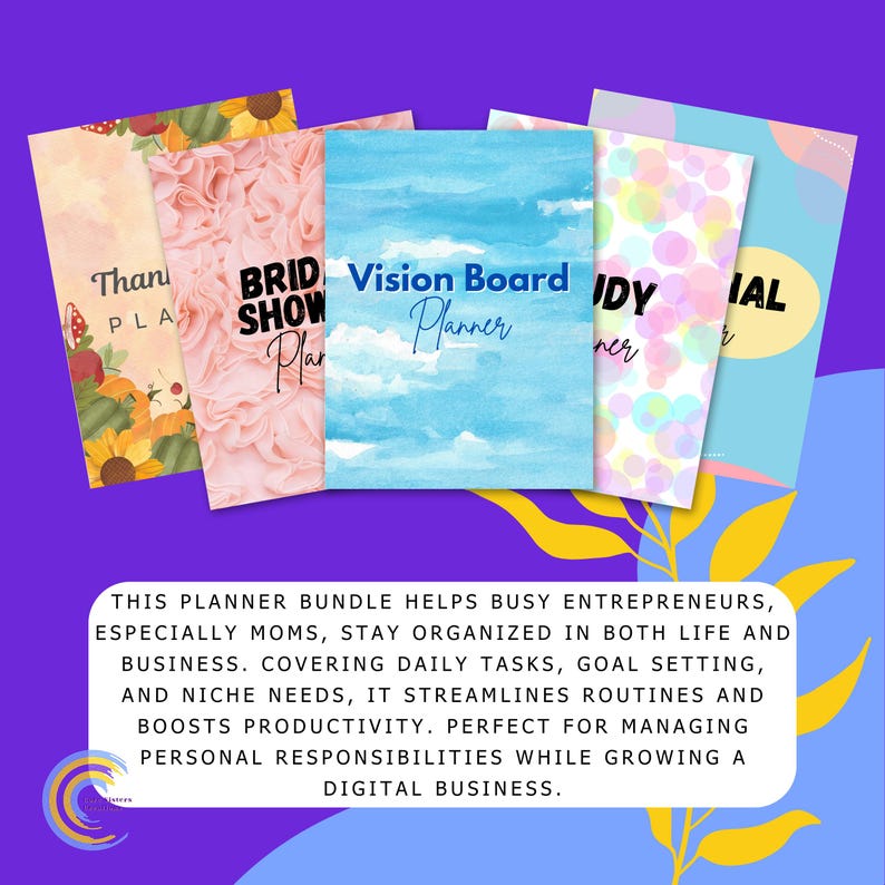 Puede incluir: Una colecci&oacute;n de planificadores coloridos con varios dise&ntilde;os, incluyendo patrones florales, de nubes y abstractos. El planificador central presenta un dise&ntilde;o de cielo azul con el texto "Vision Board Planner". La imagen incluye texto que promociona el paquete de planificadores para emprendedores.