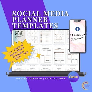 K&ouml;nnte beinhalten: Ein Laptop und ein Smartphone zeigen Social-Media-Planer-Vorlagen an. Der Laptop-Bildschirm zeigt verschiedene Planungs-Layouts mit dem Text "SOCIAL MEDIA PLANNER TEMPLATES". Das Smartphone zeigt einen Facebook-Planer. Der Text "INSTANT DOWNLOAD | EDIT IN CANVA".