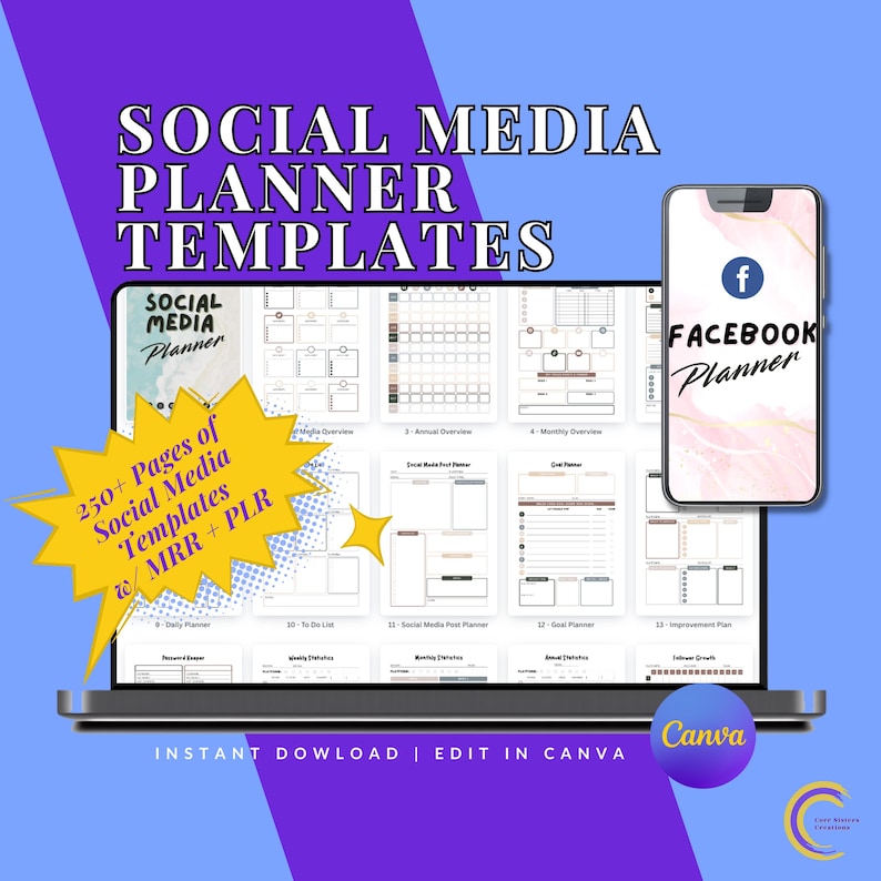 K&ouml;nnte beinhalten: Ein Laptop und ein Smartphone zeigen Social-Media-Planer-Vorlagen an. Der Laptop-Bildschirm zeigt verschiedene Planungs-Layouts mit dem Text "SOCIAL MEDIA PLANNER TEMPLATES". Das Smartphone zeigt einen Facebook-Planer. Der Text "INSTANT DOWNLOAD | EDIT IN CANVA".
