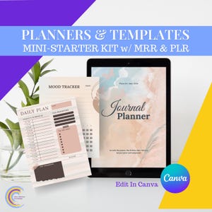 K&ouml;nnte beinhalten: Ein digitales Planer-Mini-Starter-Kit mit dem Text "PLANNERS & TEMPLATES MINI-STARTER KIT w/ MRR & PLR". Das Kit enth&auml;lt einen Tagesplan, einen Mood Tracker und einen Journalplaner. Der Journalplaner hat den Text "Journal Planner" und "Edit In Canva".