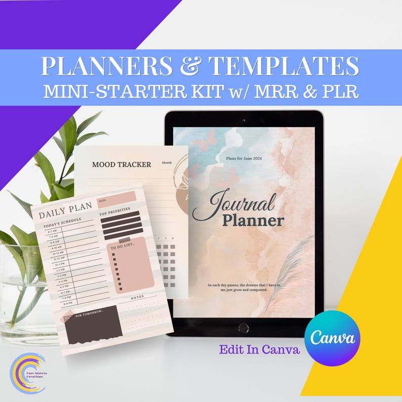 K&ouml;nnte beinhalten: Ein digitales Planer-Mini-Starter-Kit mit dem Text "PLANNERS & TEMPLATES MINI-STARTER KIT w/ MRR & PLR". Das Kit enth&auml;lt einen Tagesplan, einen Mood Tracker und einen Journalplaner. Der Journalplaner hat den Text "Journal Planner" und "Edit In Canva".