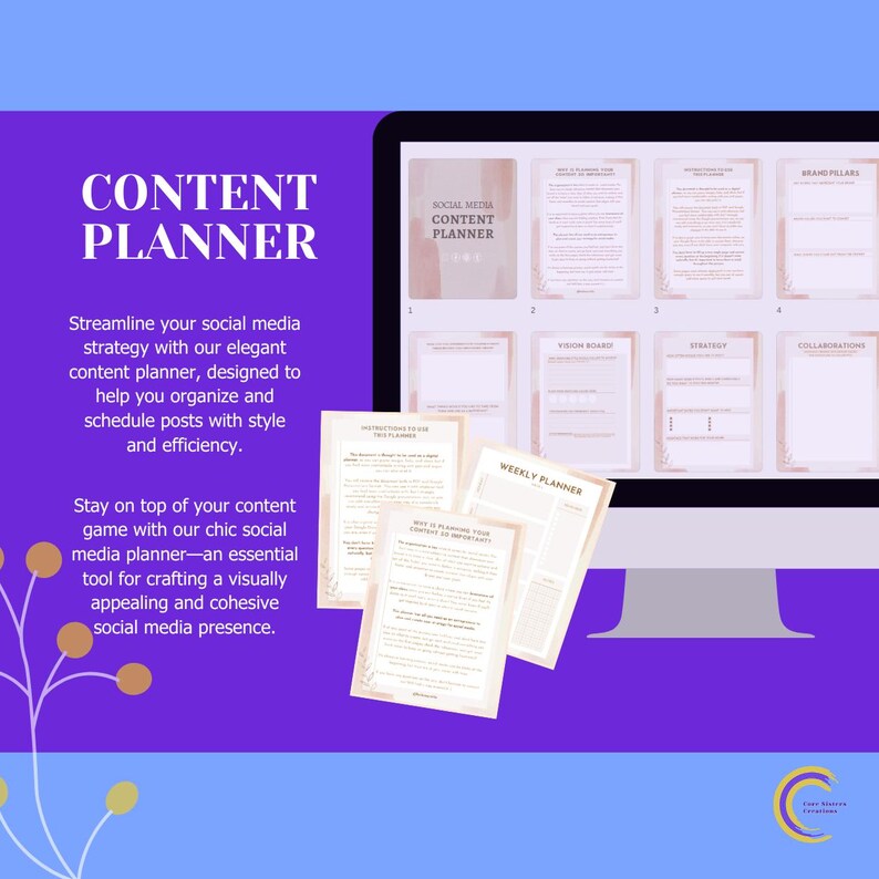 Peut inclure: Un &eacute;cran d'ordinateur affiche un planificateur de contenu pour les m&eacute;dias sociaux avec diverses pages de planification. Le texte "CONTENT PLANNER" est en haut &agrave; gauche. Plusieurs pages de planificateur imprim&eacute;es sont devant l'&eacute;cran, avec du texte comme "Weekly Planner". Le fond est violet.