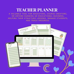 Puede incluir: Un planificador para profesores con fondo morado. Las palabras "Teacher Planner" est&aacute;n en la parte superior. Un monitor de ordenador y un smartphone muestran p&aacute;ginas del planificador. Tambi&eacute;n se ven varias p&aacute;ginas del planificador impresas. El planificador incluye secciones para la asistencia, las lecciones y las listas de tareas.