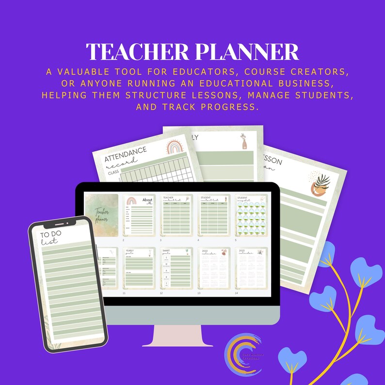 Puede incluir: Un planificador para profesores con fondo morado. Las palabras "Teacher Planner" est&aacute;n en la parte superior. Un monitor de ordenador y un smartphone muestran p&aacute;ginas del planificador. Tambi&eacute;n se ven varias p&aacute;ginas del planificador impresas. El planificador incluye secciones para la asistencia, las lecciones y las listas de tareas.