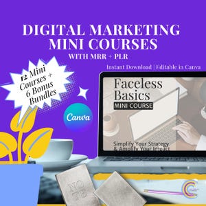 May include: A purple graphic promoting "Digital Marketing Mini Courses" with the text "Faceless Basics MINI COURSE" on a laptop screen. The image includes the Canva logo, a coffee cup, and the text "Simplify Your Strategy & Amplify Your Impact."