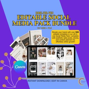 May include: A digital product bundle with the text "DONE-FOR-YOU EDITABLE SOCIAL MEDIA PACK BUNDLE" and "W/ MRR + PLR". The image includes a laptop displaying social media templates, printed materials, and the Canva logo. Text reads "Elevate your brand with over 500 editable templates".
