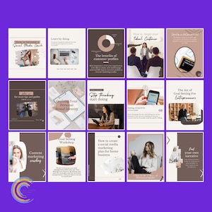May include: A collection of digital marketing and business coaching guides. The guides cover topics such as social media coaching, customer profiles, goal setting, and personal branding. Each guide features text and images on a purple background.
