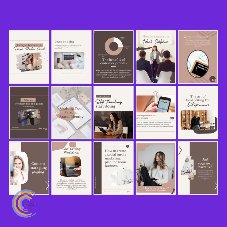 May include: A collection of digital marketing and business coaching guides. The guides cover topics such as social media coaching, customer profiles, goal setting, and personal branding. Each guide features text and images on a purple background.