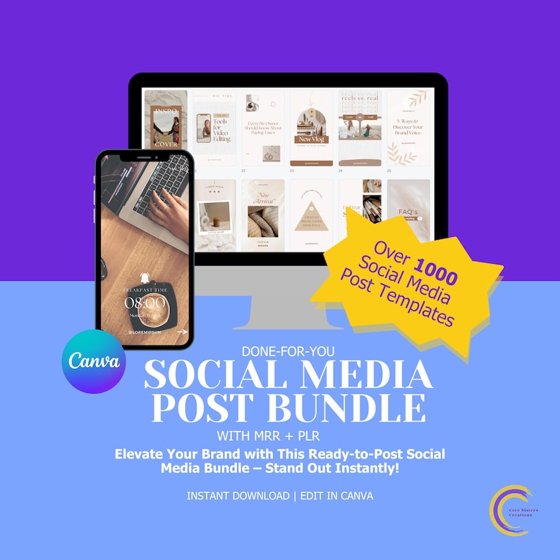 May include: A digital marketing graphic with a computer monitor and a smartphone. The monitor displays social media post templates. The smartphone shows a laptop screen. Text includes "Social Media Post Bundle" and "Edit in Canva."