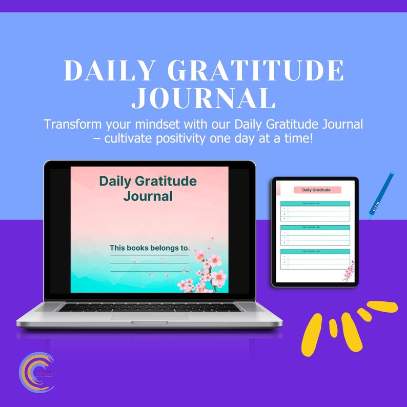 Op de afbeelding: Een laptop en tablet tonen een "Daily Gratitude Journal" met een roze en turquoise ontwerp. Het laptopscherm toont de omslag van het journaal, terwijl de tablet een pagina met prompts weergeeft. De afbeelding bevat de tekst "Transformeer je mindset met ons Daily Gratitude Journal".