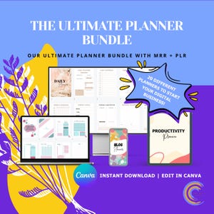 Puede incluir: Un paquete de planificador digital con el texto "THE ULTIMATE PLANNER BUNDLE". La imagen muestra una computadora port&aacute;til, una tableta, un tel&eacute;fono y una pantalla de computadora que muestra plantillas de planificador. El paquete incluye 20 planificadores diferentes.