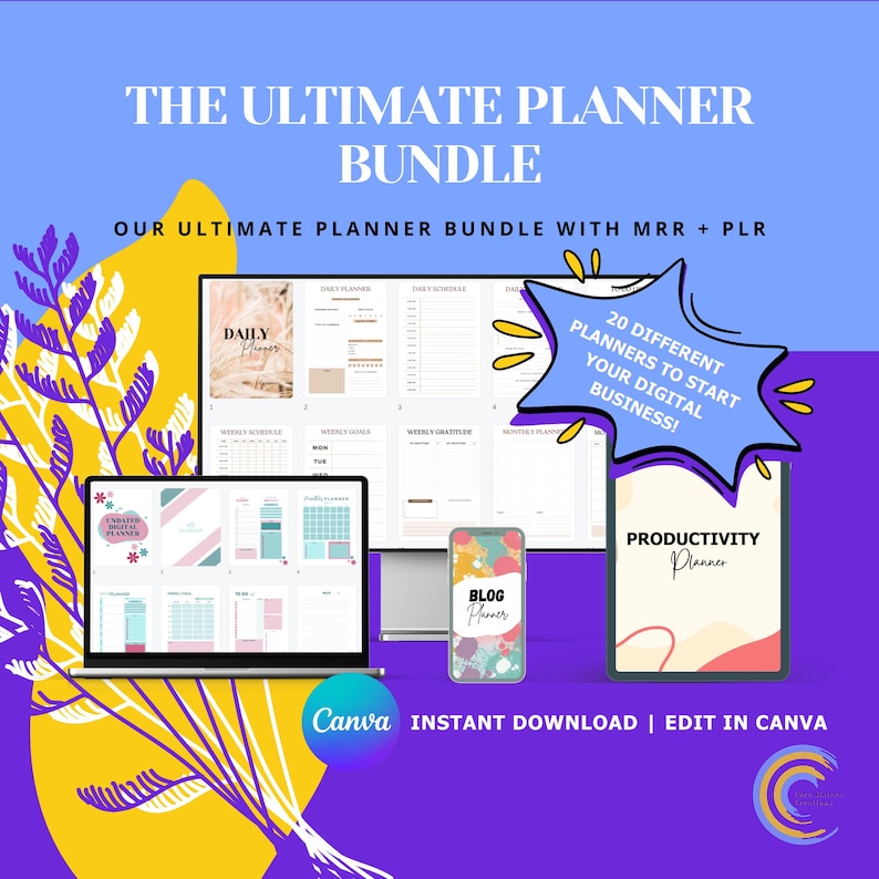 Puede incluir: Un paquete de planificador digital con el texto "THE ULTIMATE PLANNER BUNDLE". La imagen muestra una computadora port&aacute;til, una tableta, un tel&eacute;fono y una pantalla de computadora que muestra plantillas de planificador. El paquete incluye 20 planificadores diferentes.