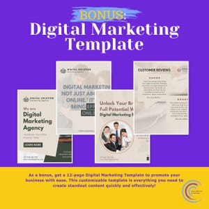 May include: A digital marketing template with a purple and yellow background. The image features several mockups of marketing materials, including social media posts and customer reviews. Text includes "Digital Marketing Template" and "Digital Marketing Agency."
