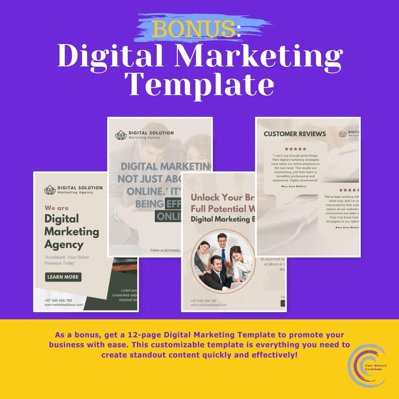 May include: A digital marketing template with a purple and yellow background. The image features several mockups of marketing materials, including social media posts and customer reviews. Text includes "Digital Marketing Template" and "Digital Marketing Agency."