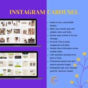 Peut inclure: Deux ordinateurs portables affichent des mod&egrave;les de carrousel Instagram sur un fond violet. Le texte "INSTAGRAM CAROUSEL" est en haut. Des puces &agrave; droite d&eacute;crivent des fonctionnalit&eacute;s telles que des designs personnalisables et des CTA pr&eacute;-int&eacute;gr&eacute;s.