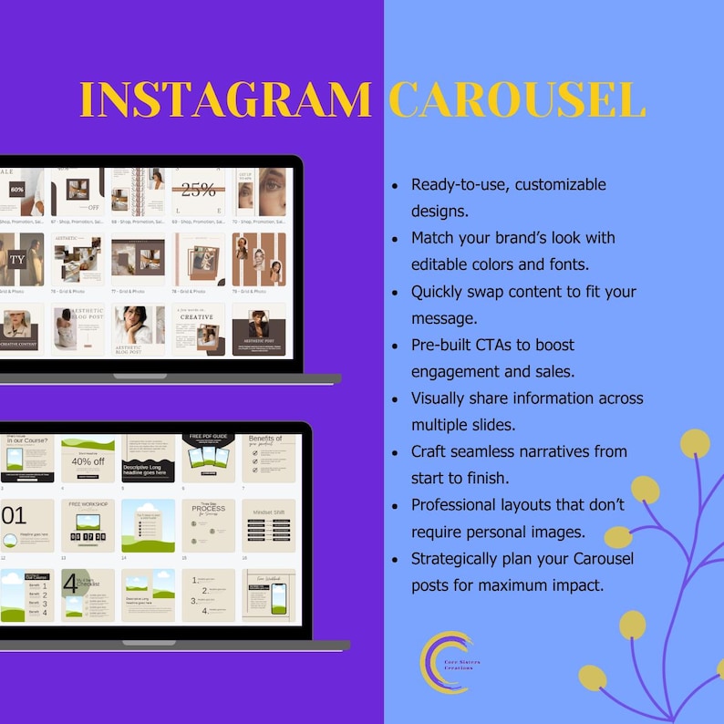 Peut inclure: Deux ordinateurs portables affichent des mod&egrave;les de carrousel Instagram sur un fond violet. Le texte "INSTAGRAM CAROUSEL" est en haut. Des puces &agrave; droite d&eacute;crivent des fonctionnalit&eacute;s telles que des designs personnalisables et des CTA pr&eacute;-int&eacute;gr&eacute;s.