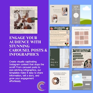 May include: A purple graphic with the text "Engage Your Audience With Stunning Carousel Posts & Infographics." The image includes examples of Instagram templates with text and product images. The templates are designed to share information and grow engagement.